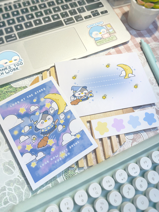 Starry Night Witchy Penguin Greeting Card