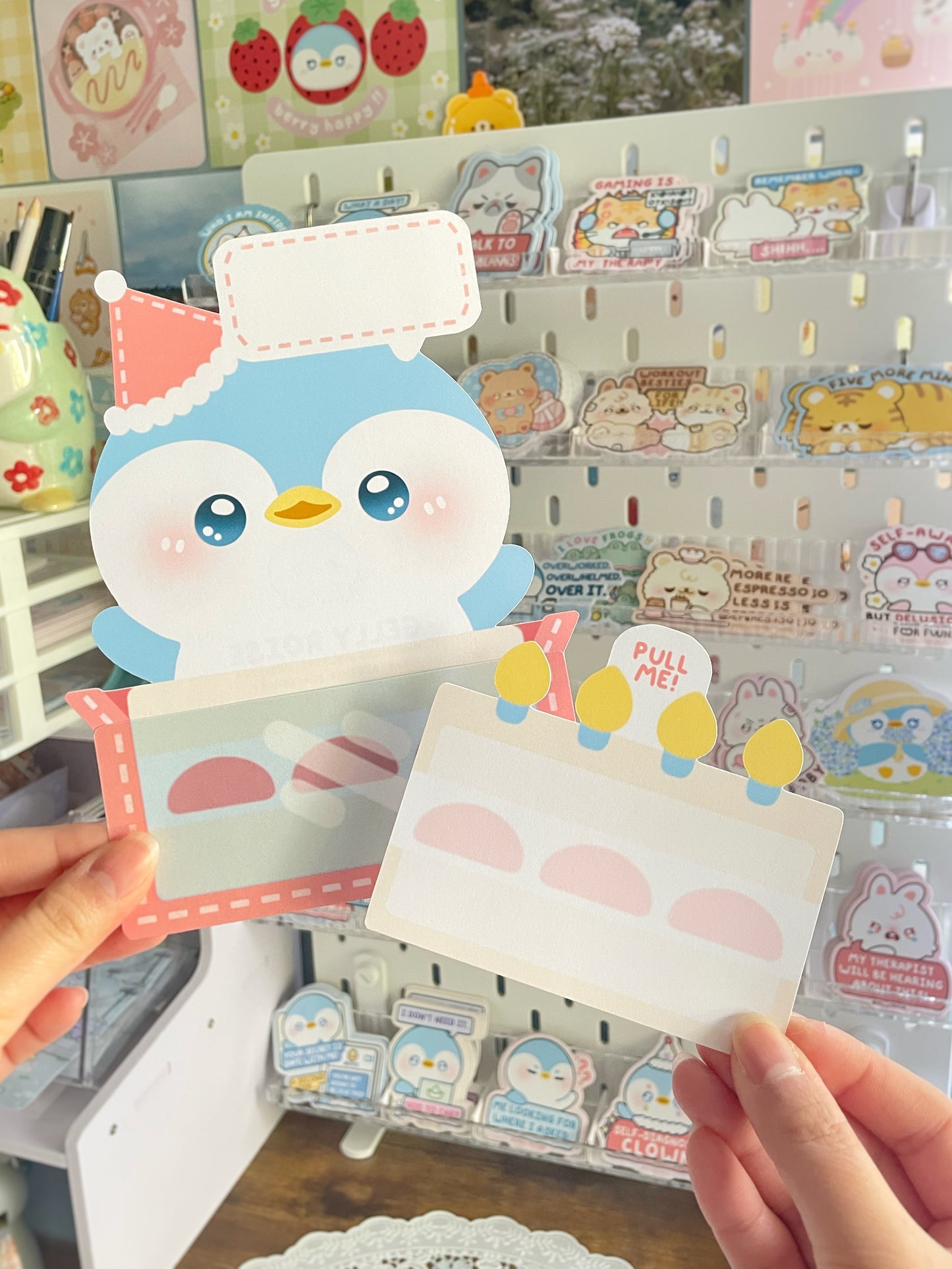 Penguin Strawberry Cake Greeting Card