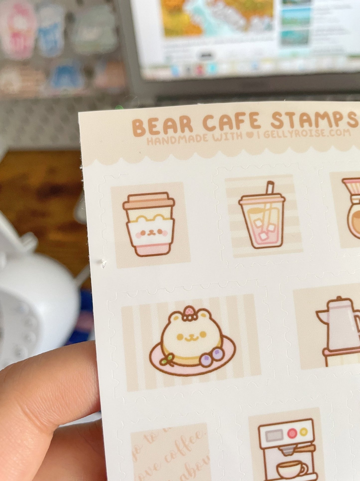B - grade Bear Cafe Stamps Sticker Sheet - Gelly Roise