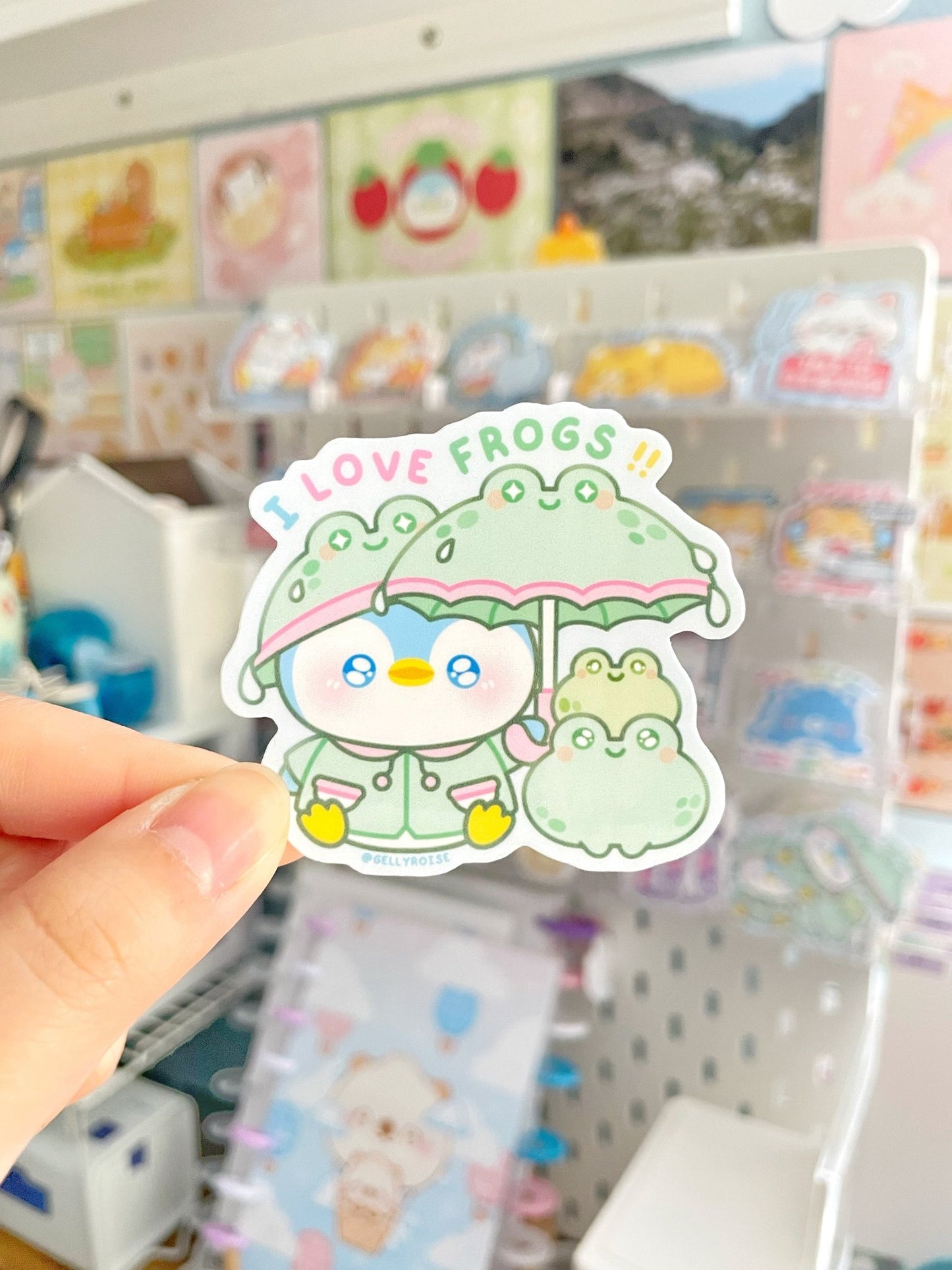 NEW "I Love Frogs !!" Rainy Day Penguin Waterproof Sticker - Gelly Roise