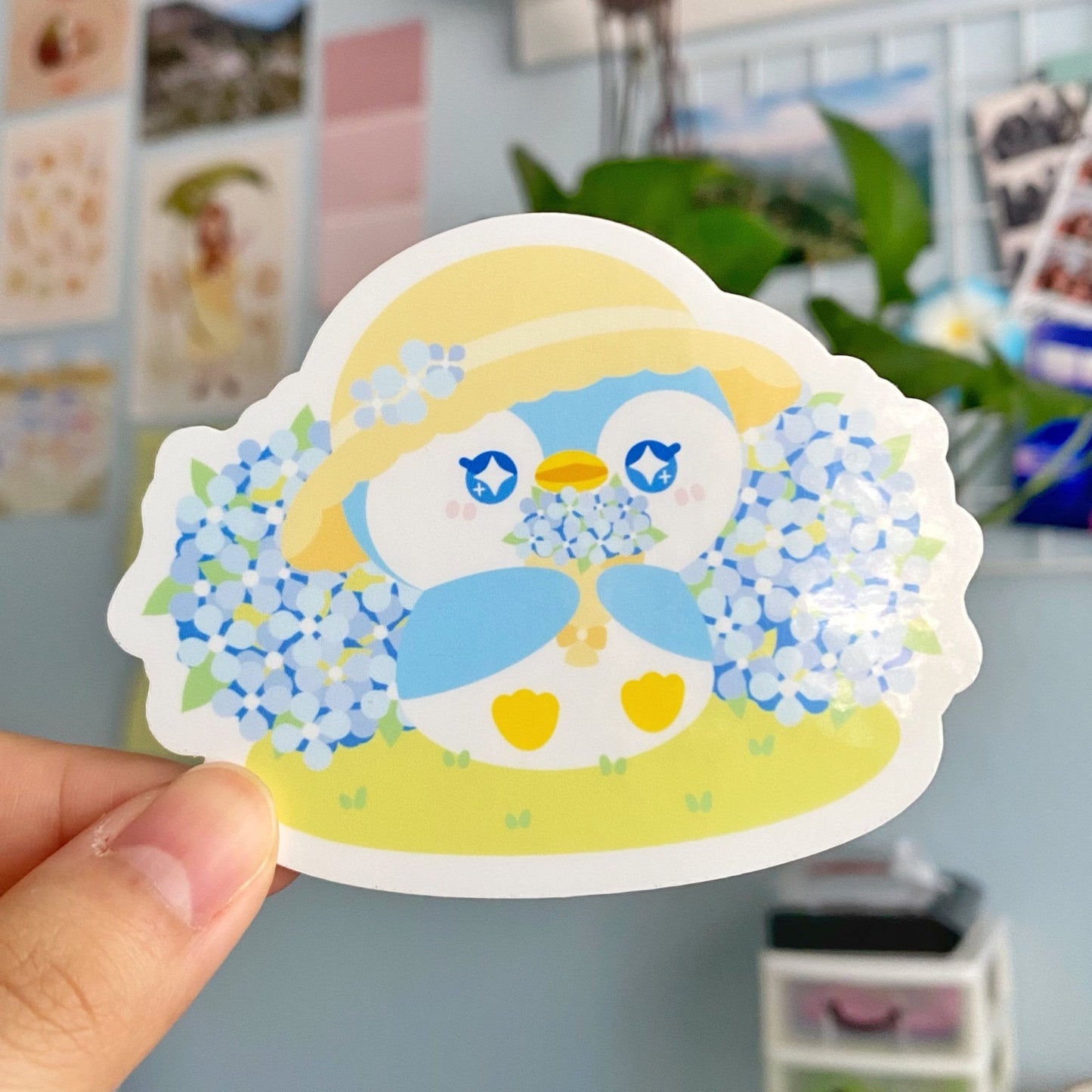 Penguin with Hydrangea Waterproof Sticker - Gelly Roise