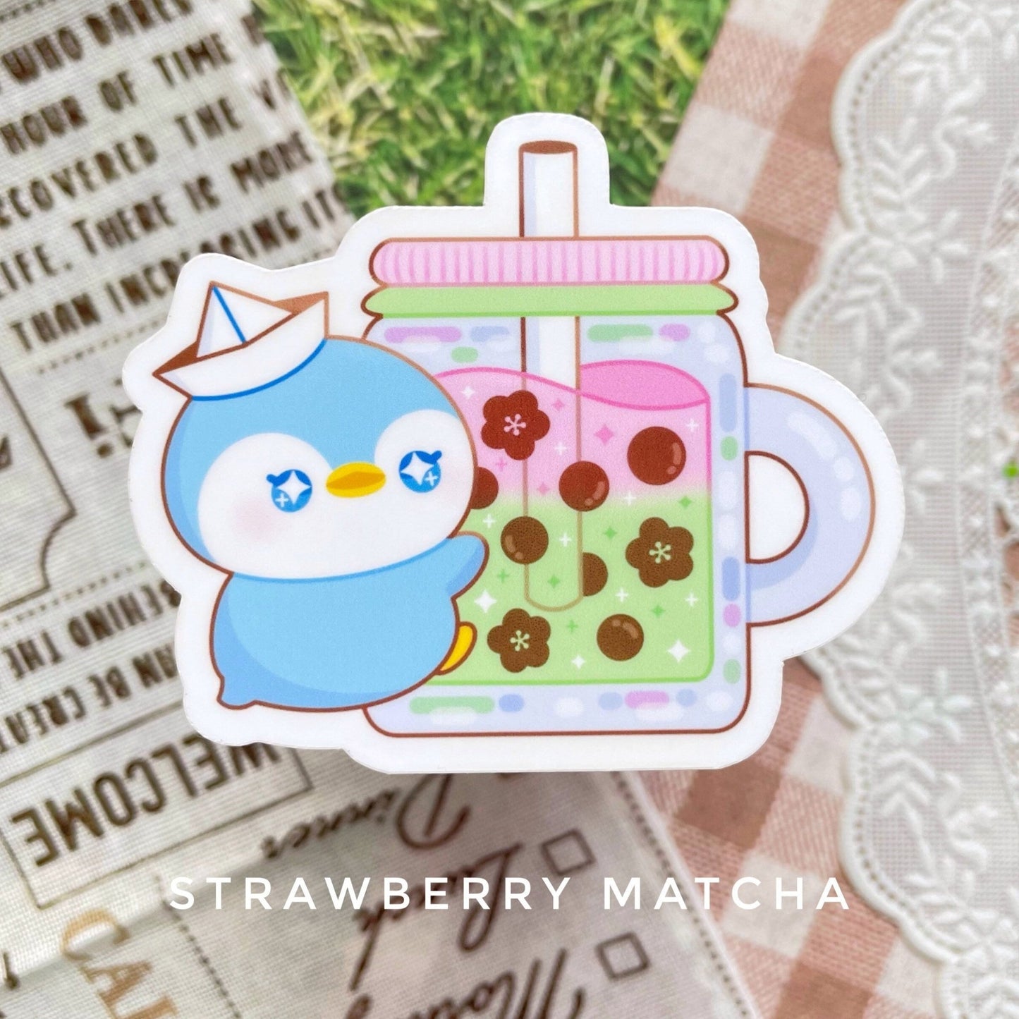 Penguin x Strawberry Boba Drink Waterproof Stickers - Gelly Roise