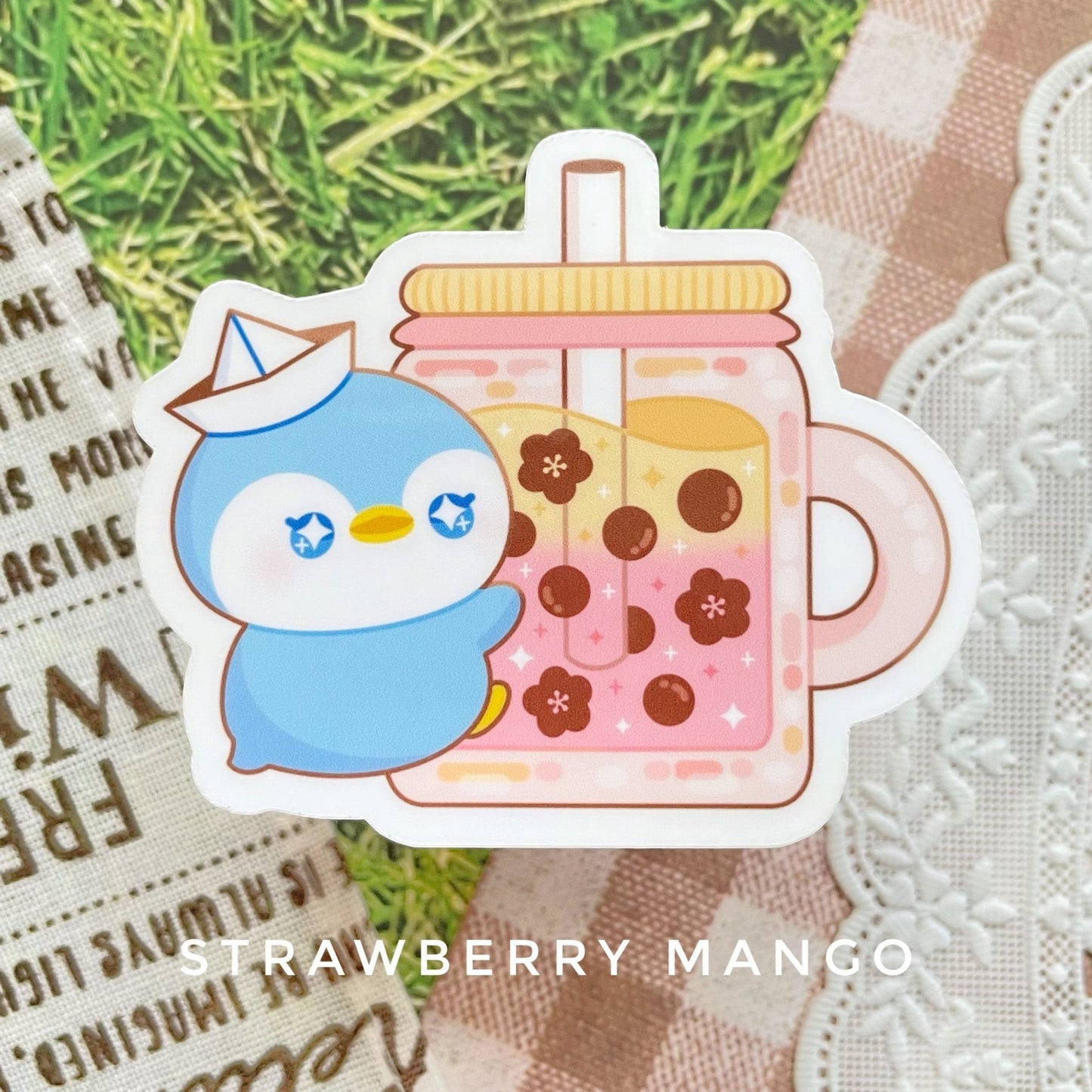 Penguin x Strawberry Boba Drink Waterproof Stickers - Gelly Roise