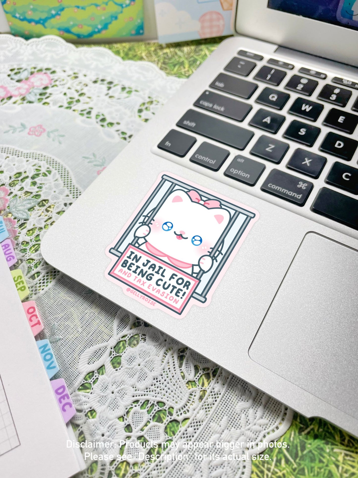 NEW Cat in Jail for Being Cute & Tax Evasion Waterproof Sticker - Gelly Roise