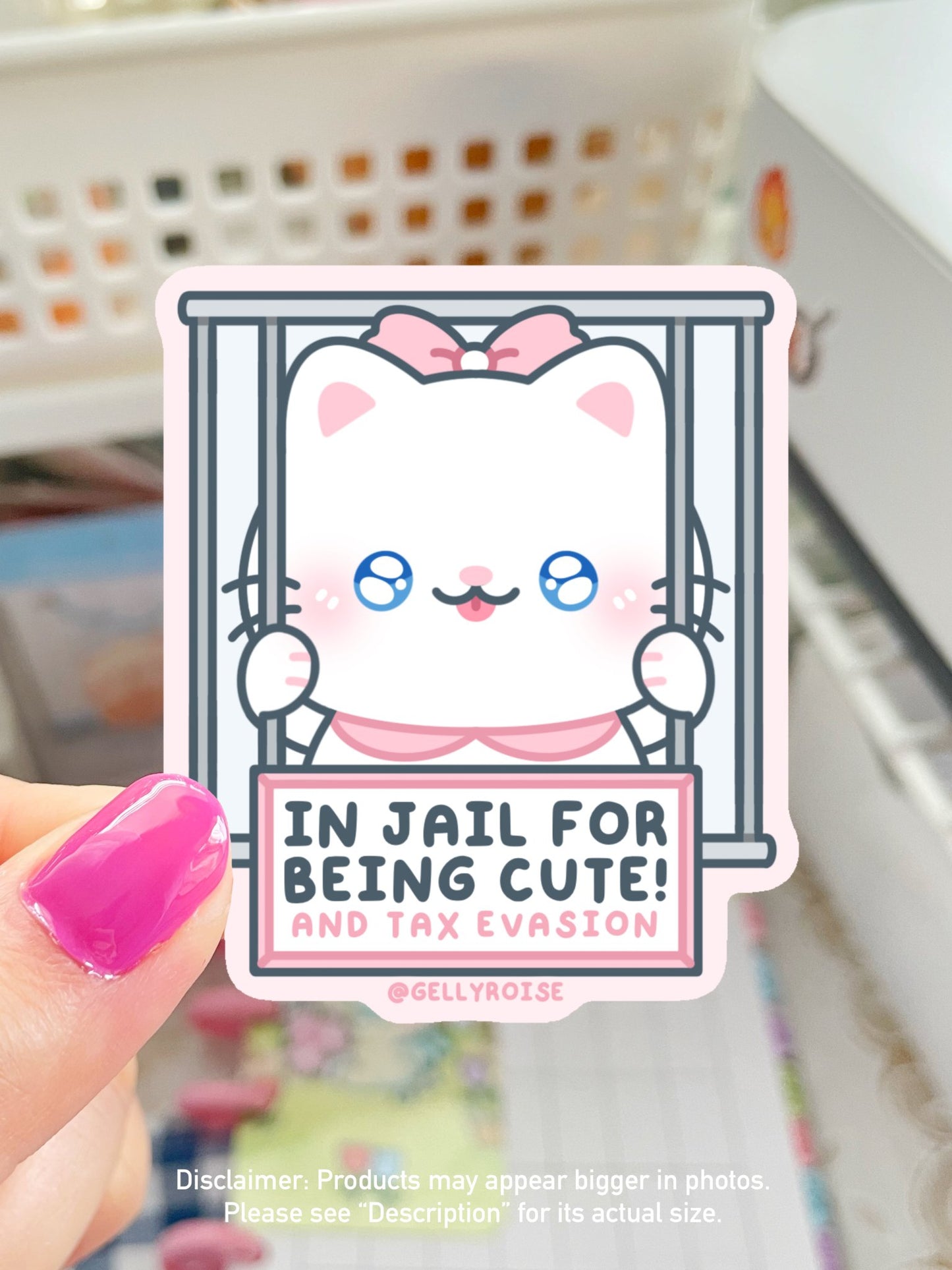 NEW Cat in Jail for Being Cute & Tax Evasion Waterproof Sticker - Gelly Roise