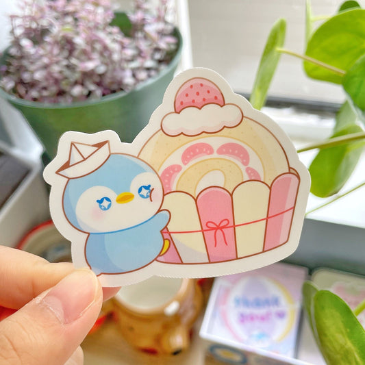 Penguin on Strawberry Roll Cake Waterproof Sticker - Gelly Roise