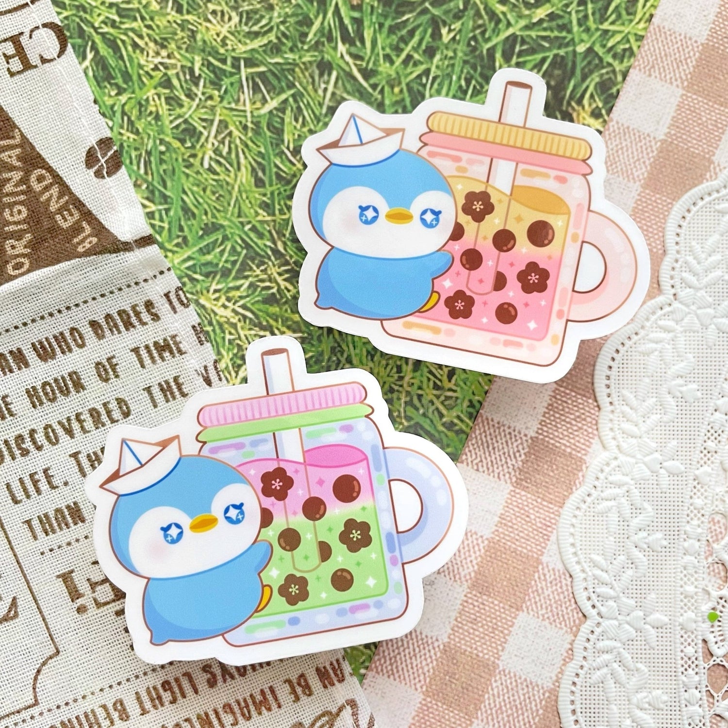 Penguin x Strawberry Boba Drink Waterproof Stickers - Gelly Roise